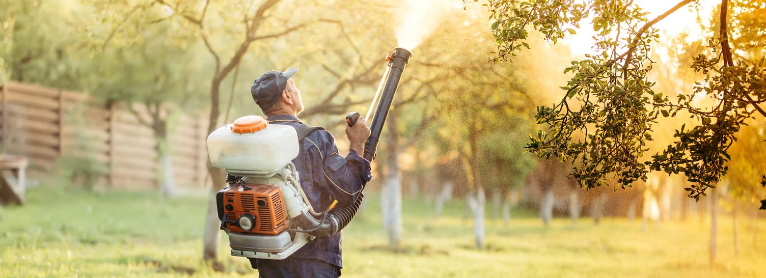 Utente privato che nel suo giardino spruzza i prodotti per la disinfestazione dalle zanzare del west nile venduti da natural trade