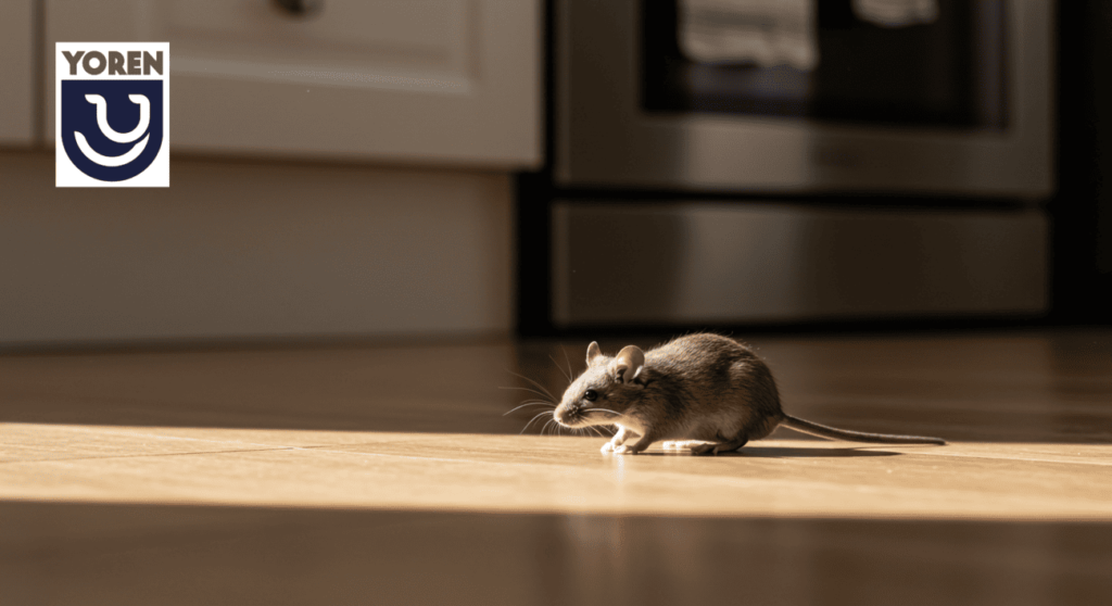 Topo in ambiente domestico e marchio Yoren